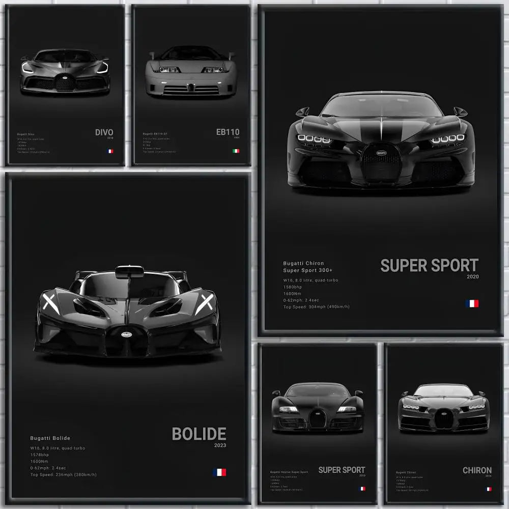 Black Cool Supercar B-Bugatti V-Veyron Poster Room Wall Art Decor Waterproof Stickers For Home Bar Bedroom Decoration