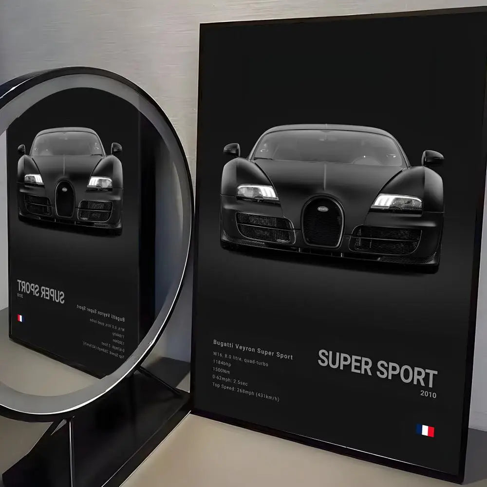 Black Cool Supercar B-Bugatti V-Veyron Poster Room Wall Art Decor Waterproof Stickers For Home Bar Bedroom Decoration