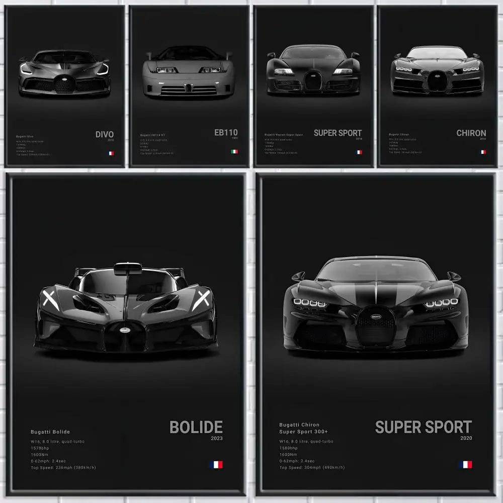 Black Cool Supercar B-Bugatti V-Veyron Poster Room Wall Art Decor Waterproof Stickers For Home Bar Bedroom Decoration